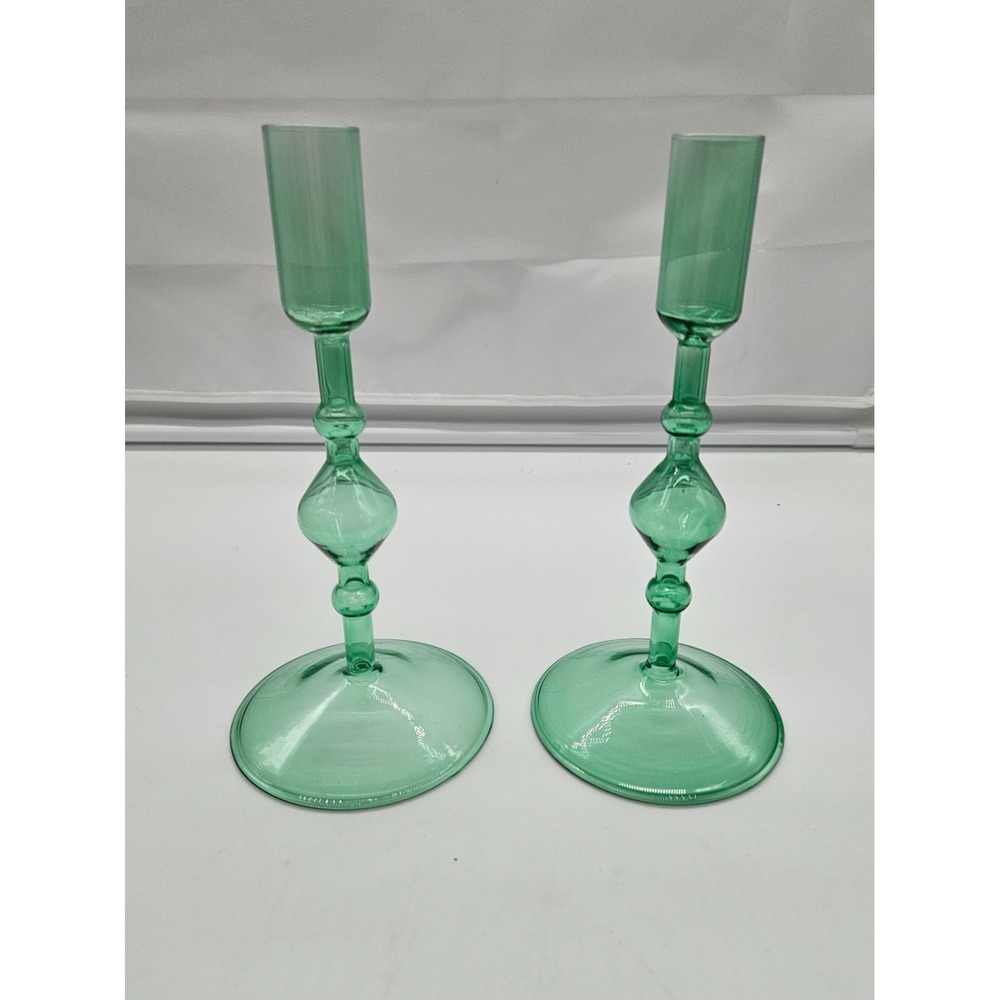 Vintage Style Green Glass Taper Candle Holders Set of 2 Turned Stem 7.5 Inch